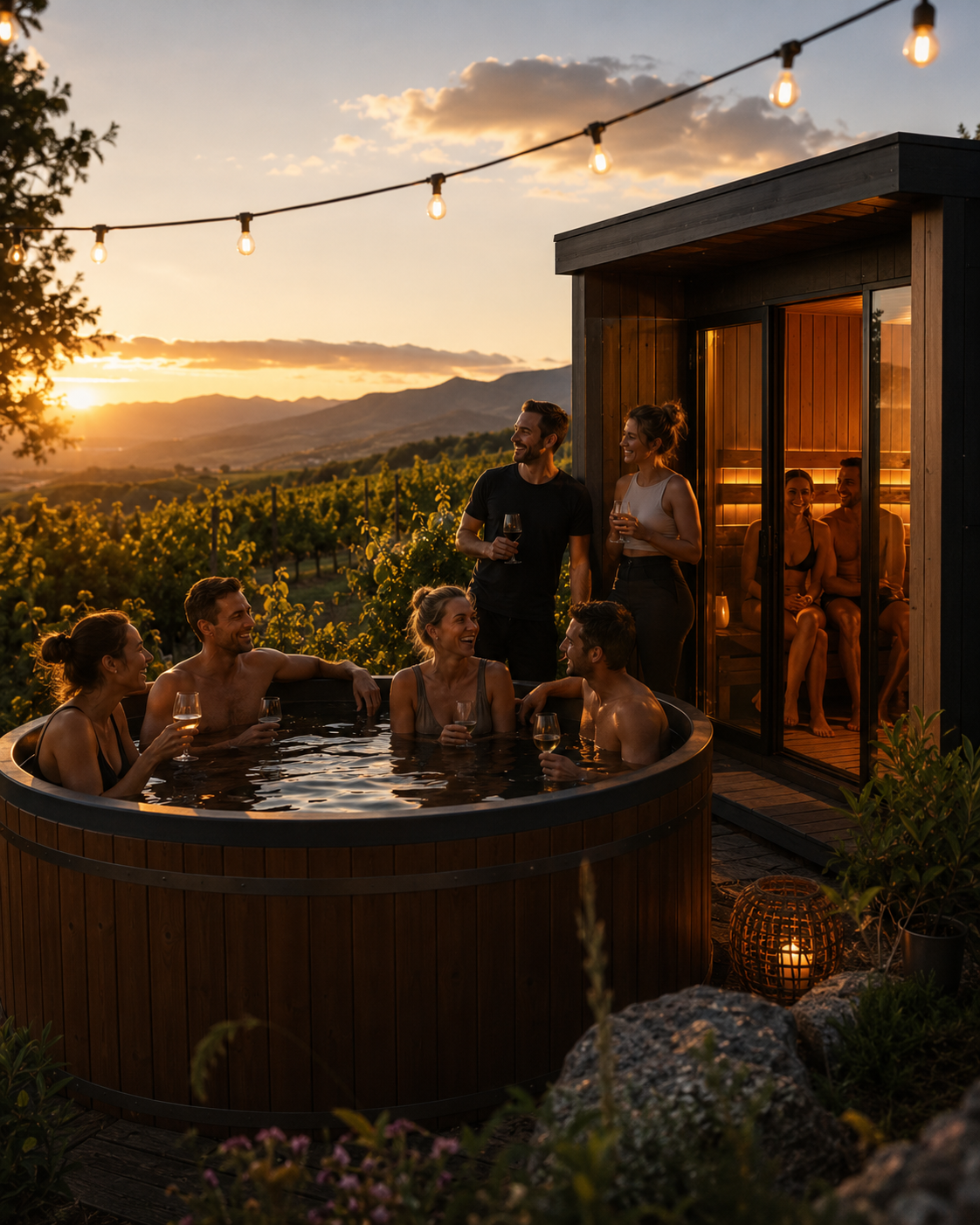 Friends gathering around the sauna and plunge at sunset
